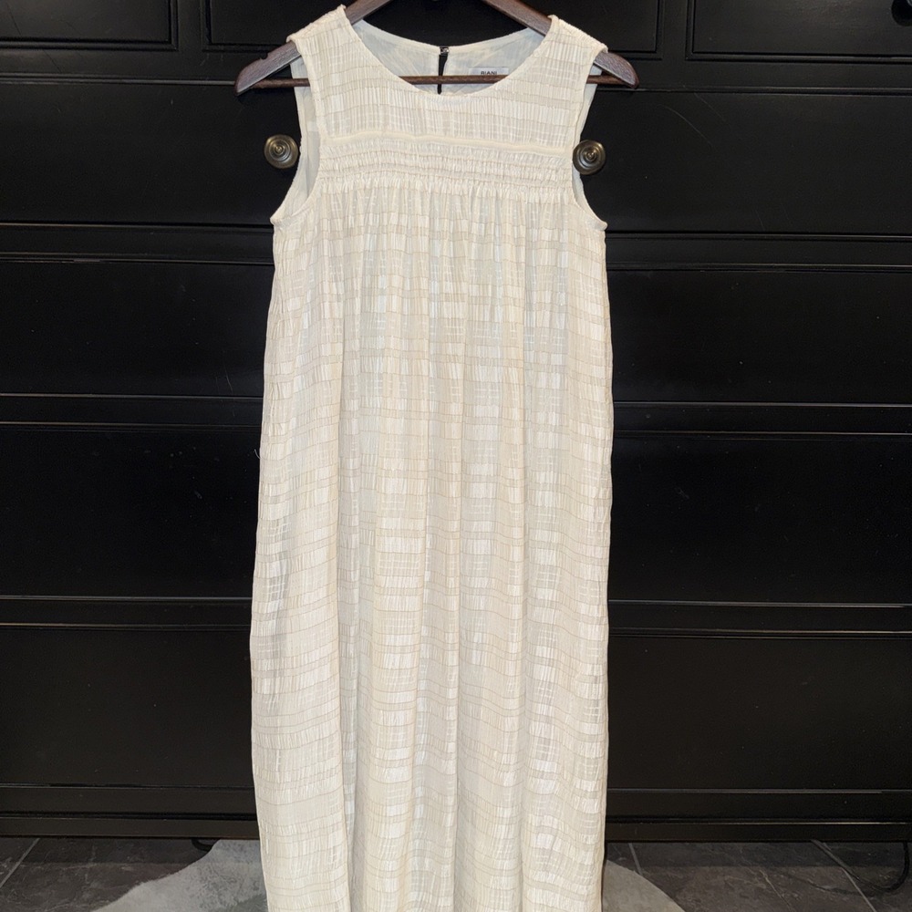 RIANI Women's Sleeveless White Crinkle Midi Dress Lettuce Hem Gold Metallic Sz 6